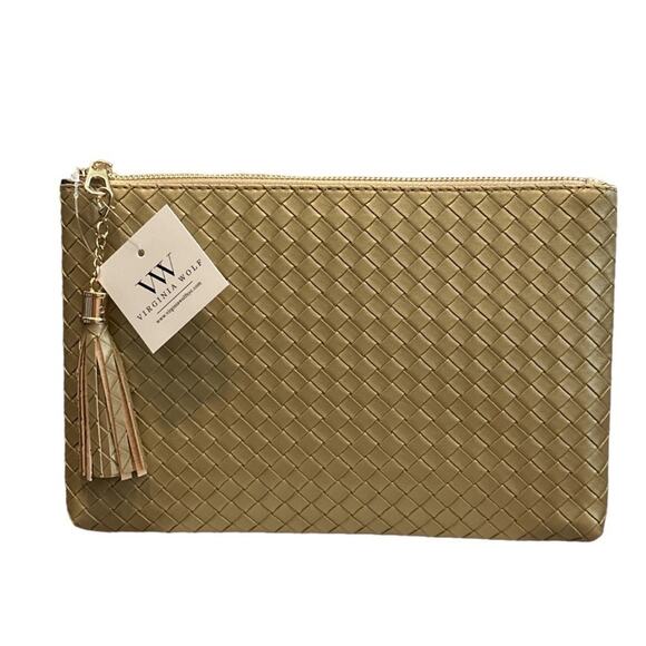 Virginia Wolf NWT Mini Woven Metallic Gold Faux Leather Clutch - Picture 1 of 8